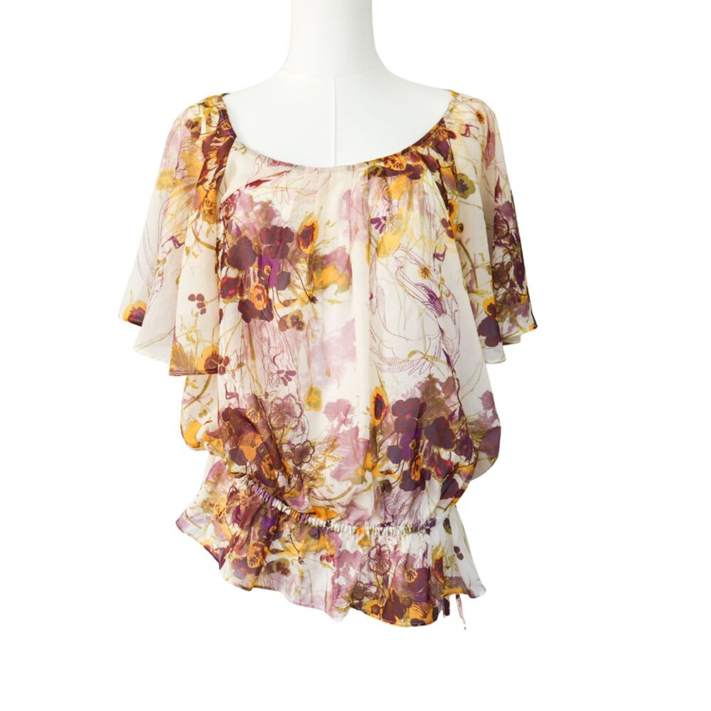 H&M yellow purple floral sheer short sleeve  blouse 8